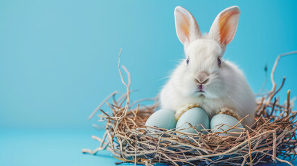 Funny easter concept holiday animal celebration greeting card, white little rabbit and easter eggs , on nest, isolated on blue background