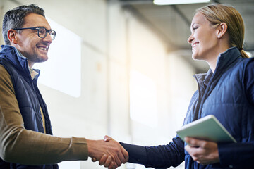 Poster - Handshake, welcome and business people for collaboration, partnership or agreement on deal. Lens flare, tablet and shaking hands for export support, b2b meeting or distribution in shipping factory