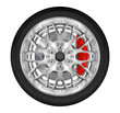 Silver car wheel with brake caliper brake disc and tire