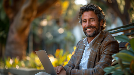 Smiling Businessman with Laptop Outdoors