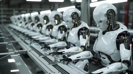 Poster - modern AI robots working on assembly line in a manufacturing facility, industrial automation, humans jobs AI replacement concept 