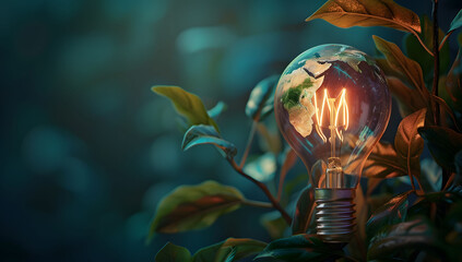 Wall Mural - A hand holds a light bulb with a green plant inside, set against a background of plant leaves. Concepts of sustainable energy, natural power grids, and environmental protection. Copy space.