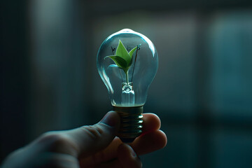 Wall Mural - A hand holds a light bulb with a green plant inside, set against a background of plant leaves. Concepts of sustainable energy, natural power grids, and environmental protection. Copy space.