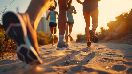 Canvas Print - close up legs runner group running on sunrise seaside trail