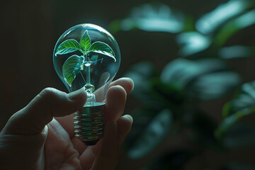 Wall Mural - A hand holds a light bulb with a green plant inside, set against a background of plant leaves. Concepts of sustainable energy, natural power grids, and environmental protection. Copy space.