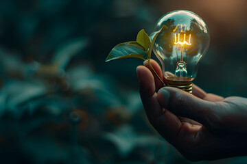 Wall Mural - A hand holds a light bulb with a green plant inside, set against a background of plant leaves. Concepts of sustainable energy, natural power grids, and environmental protection. Copy space.