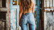 Rear view of women in jeans , Rustic backdrop