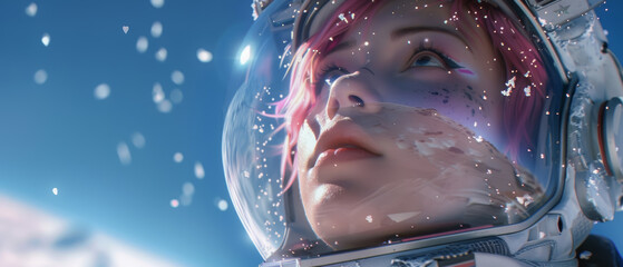 A woman in a space suit looking out into space