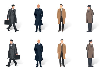 Wall Mural - Set of minimal flat drawing illustrations - different men in formal coats, transparent background with shadow, facing both ways. Generative AI	