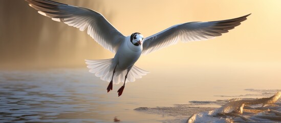 Wall Mural - A seabird with feathers and wings flies gracefully over the water, its beak pointed down as it glides through the sky. This Charadriiformes species is a beautiful wildlife sight