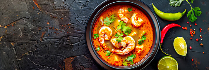 Thai Delicacy: A Traditional Thai Shrimp Soup, Rich in Spices and Flavor, Served in a Wooden Setting