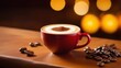 red cup with coffee on a brown background. coffee beans lie nearby