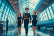 Airplane pilot in uniform and flight attendant, flight attendant walking in airport