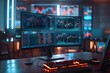 A computer desk with computer monitors displaying various data and graphs. The room is dimly lit with a purple neon light, creating a dark ambiance. data graphics concept
