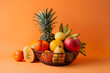 Colorful array of tropical fruits, isolated on a refreshing fruit basket orange background, tempting with exotic flavors