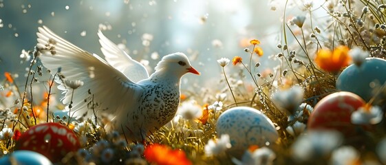 Wall Mural - A solitary white dove perched elegantly against a soft, sunny backdrop.
