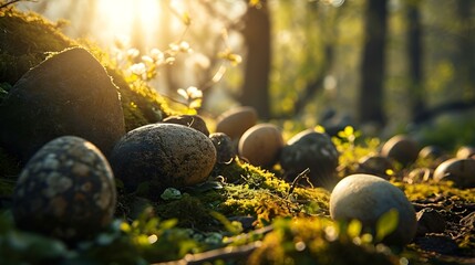 Wall Mural - Rustic Easter Eggs Hidden in a Garden Setting at Dawn
