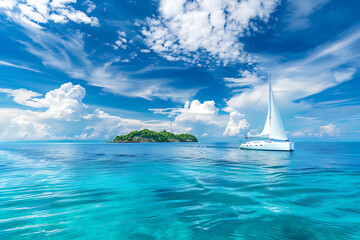 Wall Mural - Yacht in turquoise ocean water against blue sky with white clouds and tropical island. Natural landscape for summer vacation