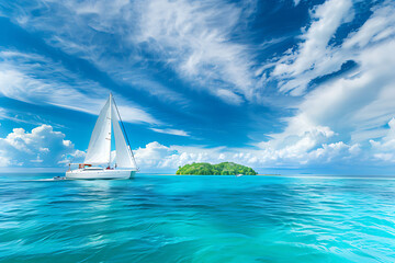 Wall Mural - Yacht in turquoise ocean water against blue sky with white clouds and tropical island. Natural landscape for summer vacation