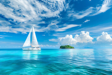 Wall Mural - Yacht in turquoise ocean water against blue sky with white clouds and tropical island. Natural landscape for summer vacation