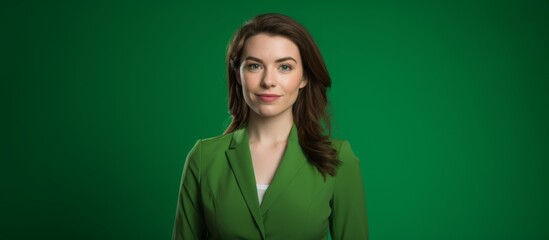 Wall Mural - A woman with long green hair and a green jacket is standing in front of a matching green background. She is smiling brightly, with a fun and artistic gesture, showcasing her eyelashes and jawline