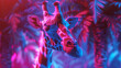 A giraffe in a neon basketball jersey dunking in a dreamy, fantasy forest, vibrant and close up