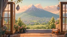 Beautiful Mountain View From The Balcony Of The House, Cartoon Anime Style