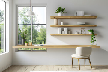 Wall Mural - A modern home office with a minimalist desk, chair and floating shelves made of light wood against white walls, a large window showing greenery outside with clean lines and natural lighting.