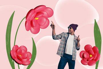 Poster - Sketch collage picture of funky excited guy choosing growing flowers isolated pink color background