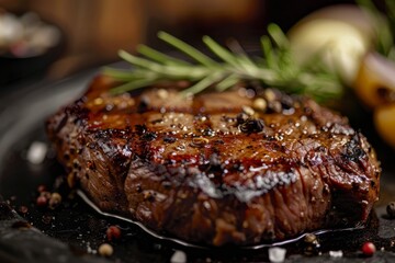 Wall Mural - A close-up view of a juicy grilled beef steak on a plate, showcasing its textures and grill marks