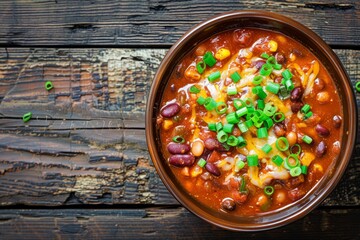 Wall Mural - A bowl filled with classic bean chili topped with melted cheese and sprinkled with diced green onions