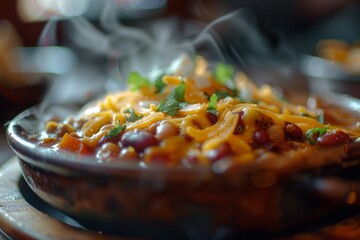 Sticker - Selective focus on cheese melting atop the dish in a bowl placed on a table