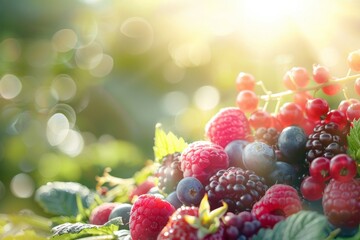 Wall Mural - Detailed view of ripe berries and raspberries growing on a bush, illuminated by sunlight