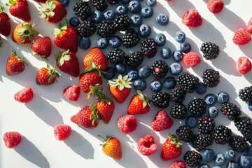 Wall Mural - Assorted strawberries, raspberries, and blueberries neatly arranged on a white surface in a commercial photography topdown shot
