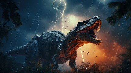 Wall Mural - dinosaur stands in lightning storm in prehistoric environment. photorealistic.