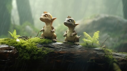 Wall Mural - cute baby dinosaur in prehistoric forest. photorealistic.