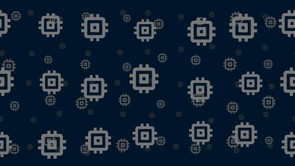 Poster - Chip symbols float horizontally from left to right. Parallax fly effect. Floating symbols are located randomly. Seamless looped 4k animation on dark blue background