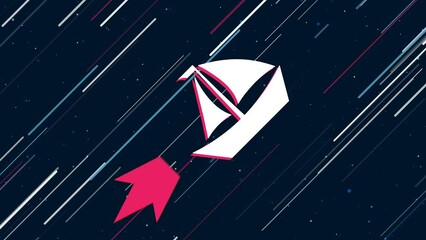 Poster - Sailing boat symbol flies through the universe on a jet propulsion. The symbol in the center is shaking due to high speed. Seamless looped 4k animation on dark blue background with stars