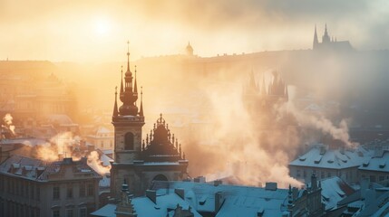 Sticker - Beautiful historical buildings in winter with snow and fog in Prague city in Czech Republic in Europe.