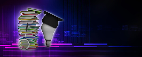 Poster - 3d rendering students education book with graduate cap on cfl bulb