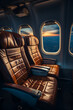 Empty seats interior of an airplane at sunset.