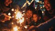 Happy family playing with fireworks crackers sparklers to celebrate Chinese lunar new year.