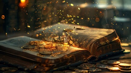 Wall Mural - Book of ancient wisdom flipping pages, coins and contracts fly