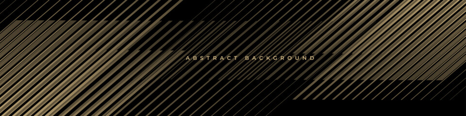 Poster - Black abstract modern background with golden stripes. Futuristic technology concept banner design. Vector illustration horizontal wide background with gold geometric lines pattern.