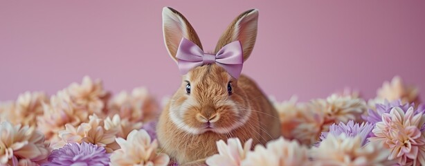 Wall Mural - Rabbit with a bow on pink background, easter concept.