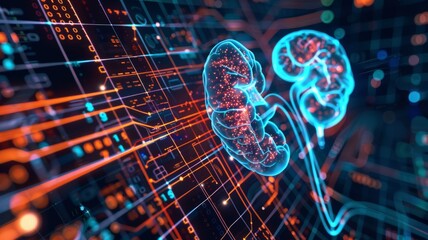 Kidneys represented as organic data processors, filtering streams of binary code