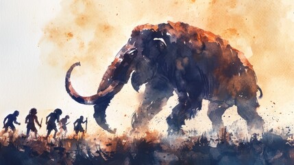 Wall Mural - Hunting scene of a team of primitive cavemen attacking a giant mammoth in wild field.