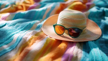 Wall Mural - Sunhat and sunglasses on a beach towel, summer vibes