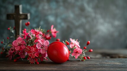 Wall Mural - Red easter egg and flowers on a wooden background. Copy space.