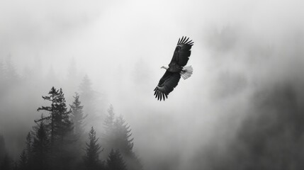 Wall Mural - A bald eagle flying over foggy forest mountain in sky in wild.